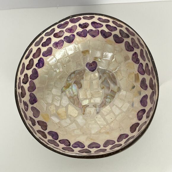 Coconut Shell Bowl Dolphin Purple‎ Hearts Mother of Pearl Handcraft Trinket Dish - Picture 6 of 6